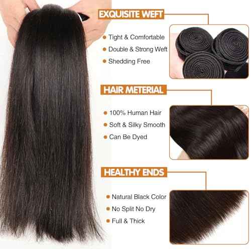 Straight Human Hair Bundles 24 26 28 Inch 100% Unprocessed Brazilian Remy Virgin 10A Straight Quick Weave 3 Bundles Deals Human Hair Extensions Natural Black