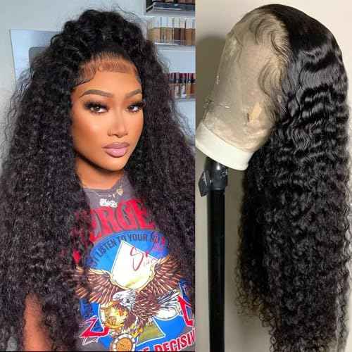Deep Wave Lace Front Wigs Human Hair 13x4 Deep Lace Frontal Wigs for Women HD Lace 200 Density Wet and Wavy Kinky Curly Lace Front Wig Glueless Wig Pre Plucked with Baby Hair 24 Inch