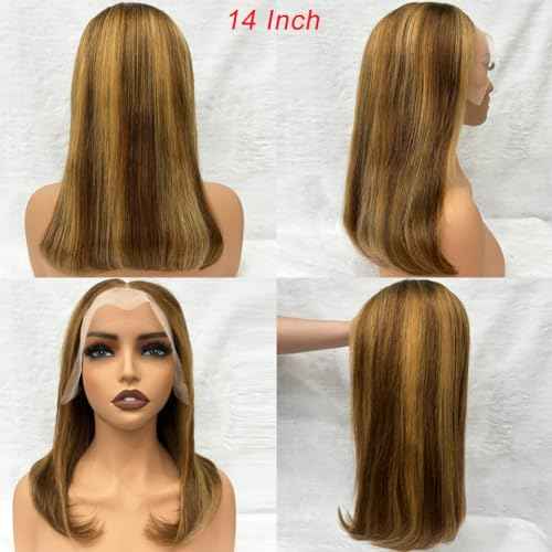 Highlight Lace Front Bob Wig Human Hair 16 Inch Ombre Honey Blonde 13x4 Hd Lace Front Wigs Human Hair Pre Plucked Middle Part 4/27 Colored Lace Frontal Wigs (Highlight 4/27, 16 Inch)