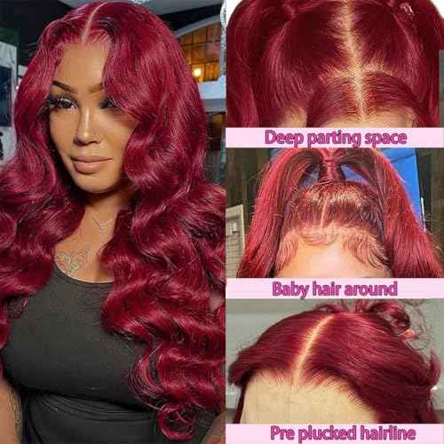 SWEETGIRL 13x6 Burgundy Lace Front Wigs Human Hair Body Wave Lace Front Wigs Pre Plucked 99j HD Lace Frontal Wigs Human Hair Wig for Women 180 Density Red Wig 20 Inch