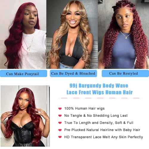99j Burgundy Lace Front Wigs Human Hair 13x4 Body Wave Lace Front Wigs Human Hair Pre Plucked Glueless Red Wig Wine Red Wig for Women 180% Density 26Inch