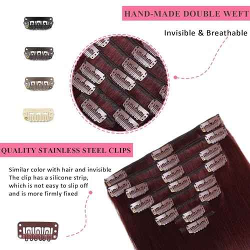 Clip in Hair Extensions Real Human Hair 3.9oz/110g Clip ins 100% Brazilian Remy Human Hair Extension for Women 8pcs Per Set with 18 Clips Double Weft (22 Inch #99J Burgundy)