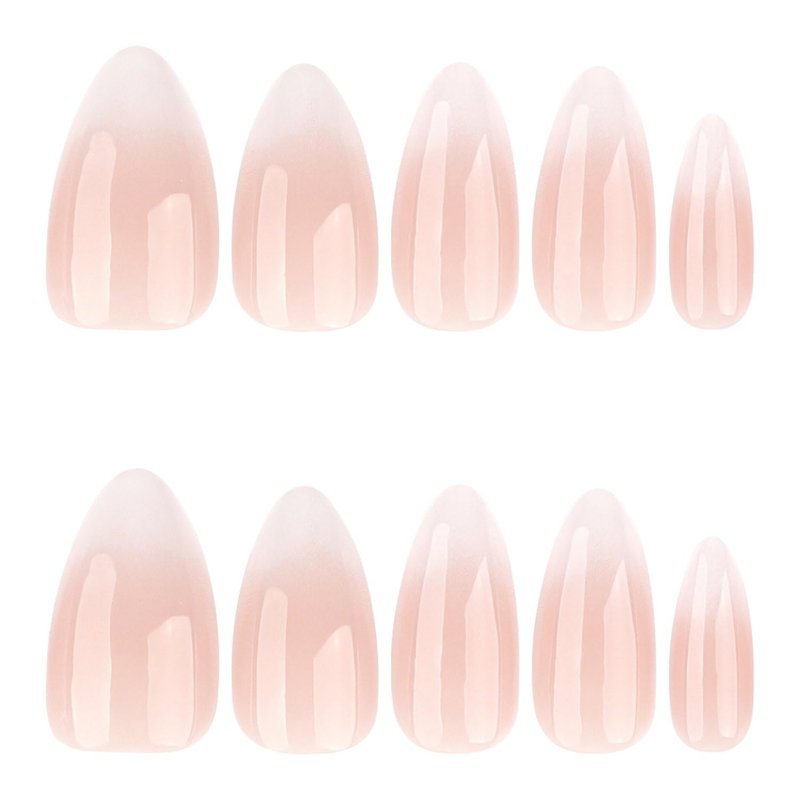 Skiennix French Tip Press-On Nails - Medium Almond Glossy Nude & White Designs | 24 Pcs Full Cover Set