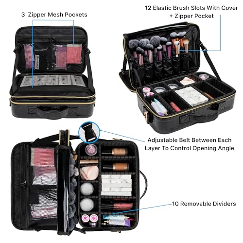 Carrywell |Not Made In China| Makeup Bag Travel Case, Train Case for Cosmetics, Portable Beauty Organizer, Cosmetic Storage Bag With Adjustable Dividers For Make Up and Brushes