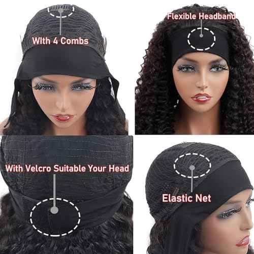 Headband Wig Human Hair Kinky Curly Human Hair Curly Headband Wig 150% Density Wear and Go Glueless None Lace Front Wig Machine Made Wigs for Black Women Natural Color 26Inch
