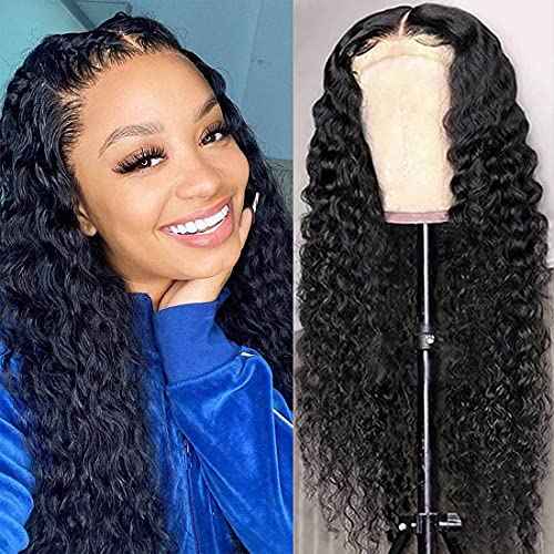 13x4 Deep Wave Human Hair Lace Front Wigs for Black Women Brazilian Virgin Human Hair Deep Curly Lace Front Wigs with Baby Hair Pre Plucked Bleached Knots Natural Color 180% Density 16 Inch
