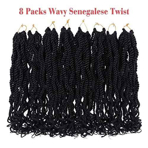 Leeven 6 Inch Senegalese Twist Crochet Hair with Curly Ends, 8 Packs Black Pre Looped 2 Strand Short Twist Hair, Wavy Small Hanava Twist, Synthetic Crochet Braids for Women Girl Kids