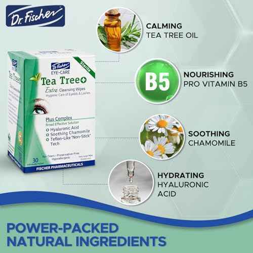 Dr. Fischer Tea Tree Oil Eye Wipes - Eyelid Wipes for Sensitive Eyes with Hyaluronic Acid and Chamomile, Makeup Remover, Daily Cleanser (30 wipes)