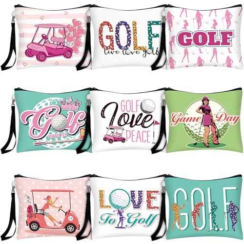 18 Pieces Golf Gift for Women Golfers Cosmetic Bags 9 Styles Makeup Bag Bulk Zipper Pouch Travel Toiletry Bags Purses Organizer Case for Ladies Girls Golfers Lover Player Accessories