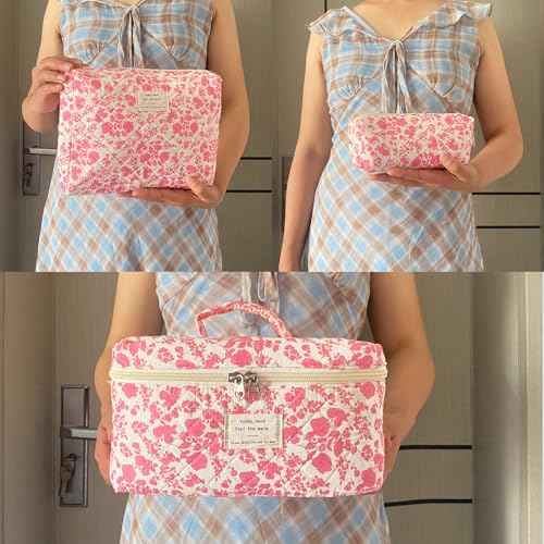 Pink Large Quilted Floral Makeup Bag Set of 3 Cute Coquette Aesthetic Cosmetic Bag Set Travel Toiletry Bag for Women