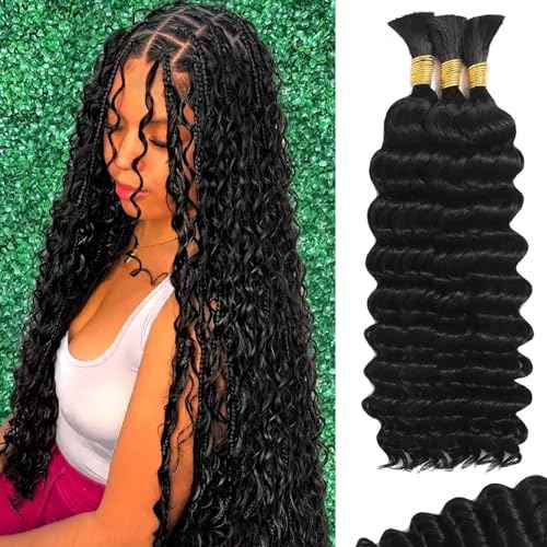 12 Inch Human Braiding Hair for Boho Braids 100g Deep Wave Curly Boho Hair for Braiding Knotless 3 Bundles/Pack Natural Black