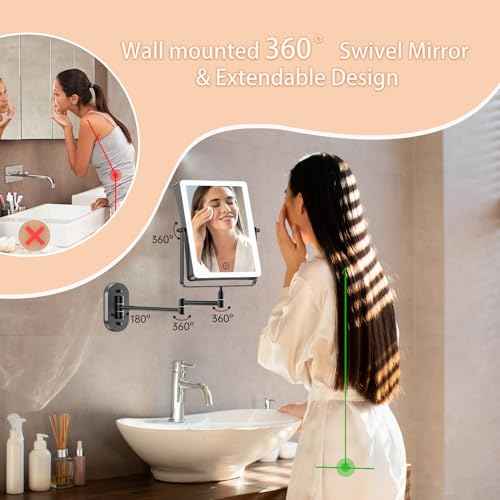 FASCINATE 5000mAh Rechargeable Wall Mounted Makeup Mirror, 8.7" Double Sided Touch Switch 1X 30X Rectangle Magnifying Mirror with Light, 3 Color Setting, Extended Arm 360¡Æ Swivel Foldable Black