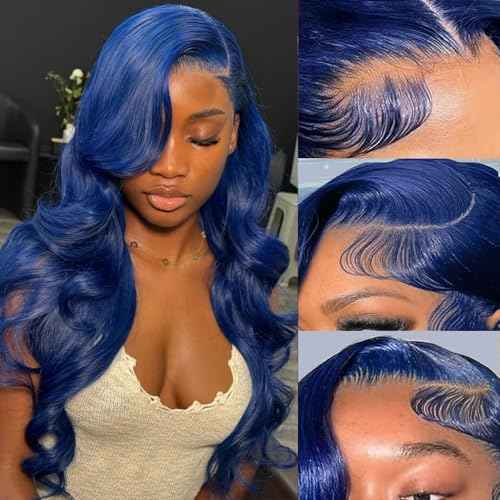 30 Inch Blue Lace Front Wigs Human Hair 13x4 HD Transparent Dark Blue Body Wave Human Hair Lace Front Wigs for Women 180 Density Pre Plcked Lace Frontal Colored Wig with Baby Hair