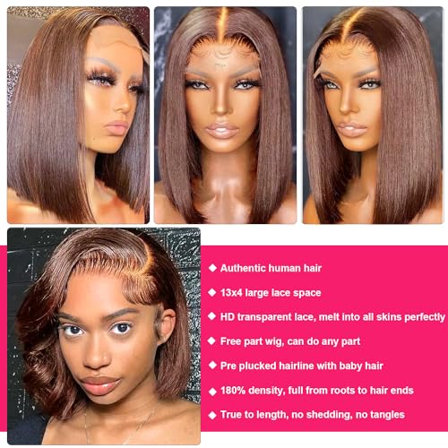 Glueless Bob Wig Human Hair Pre Plucked 14 Inch 13x4 Lace Front Bob Wig Human Hair Glueless Wigs for Black Women Straight Chocolate Brown Lace Frontal Wig 180% Density Colored Human Hair Wig Bob