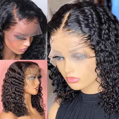 13x6 Deep Wave Lace Front Wigs Short Curly Bob Wig Human Hair 200 Density HD Glueless Lace Frontal Human Hair Wigs for Black Women Pre Plucked Natural Black 8 Inch