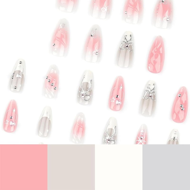 Press On Nails - Medium Almond Gradient Pink & White with Silver Bow | 24 Reusable 3D Rhinestone French Tip Nails for Women