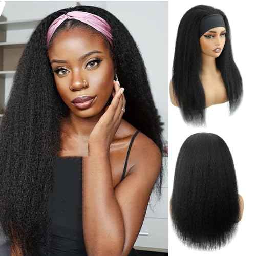 Kinky Straight Headband Wig 24 Inch Human Hair Headband Wigs for Black Women Glueless Yaki Straight Human Hair Headband Wigs Natural Black color