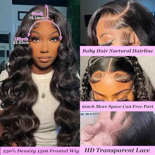 13x6 HD Frontal Wig 250 Density HD Lace Front Wigs Human Hair Pre Plucked with Baby Hair Brazilian Virgin Hair Glueless Body Wave Wig 20 Inch Transparent Lace Front Wigs Human Hair Natural Black