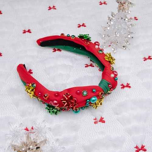 pVq Christmas Headband for Women Knotted Headband with Christmas Tree Crystal Pearl Snowflake Ribbon Xmas Holiday Hairband (Pearl Flower - Red Green, One Size)