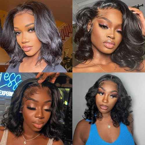 Bob Wig Human Hair 13x4 Lace Front Wigs Human Hair Pre Plucked 200% Density Short Body Wave Bob Wig Natural Color Glueless Bob Wigs for Black Women 14 Inch