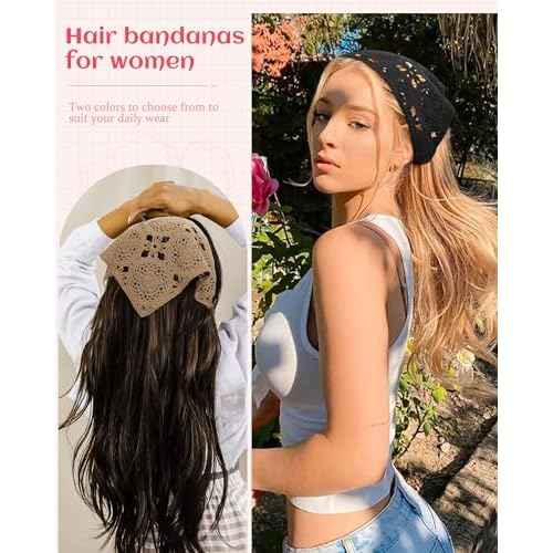 HAIMEIKANG Floral Crochet Hair Bandanas Headscarf 2 PCS Women Hair Scarf Daisy Headband Vintage Head Kerchief for Girls