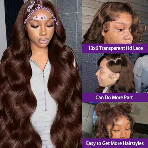 Chocolate Brown Lace Front Wig Human Hair 13x6 Transparent Brown Body Wave Lace Front Wigs Pre Plucked with Baby Hd Lace Wig Colored Frontal Wigs Human Hair for Women 20Inch
