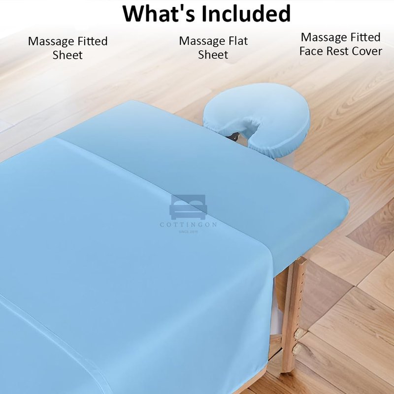 Cottingon 3 Piece Massage Table Sheet Set, 100% Brushed Premium Microfiber Ultra Light, Wrinkle free, Facial Bed Cover Fits 36" x 77" upto 7"Deep Massage Beds, Light Blue