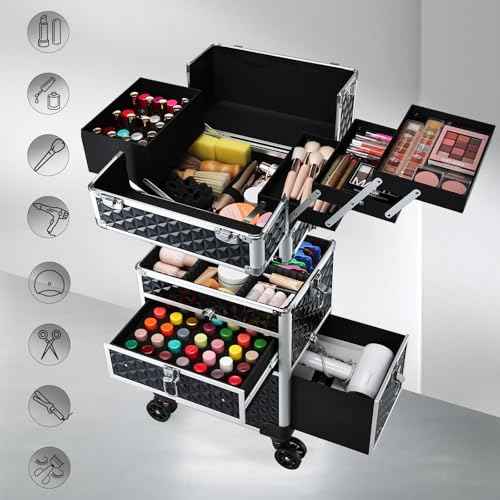 Joligrace Large Rolling Makeup Train Case with Foot-Brake Wheels, Removable Shoulder-Strap Makeup Carrying Case, Adjustable Compartments, Built-in Nail Polish Drawer, and Detachable Drawer