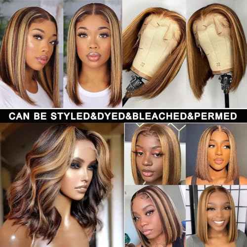 16 Inch Omber Bob Wig Human Hair 13x4 HD Transparent Lace Front Wigs 180 Density Straight 4/27 Highlight Wig Short Bob Wig Human Hair