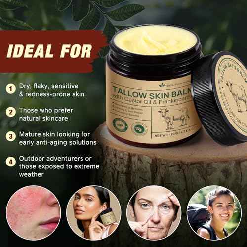 Beef Tallow Balm with Frankincense and Castor oil 4.2 fl.oz, 100% Grass-Fed Tallow for Skin Care, Face & Body Moisturizer for Skin Hydrating & Nourishing, Sensitive Skin & Dry Skin Age Defying