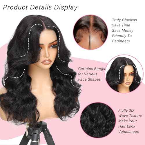 13x6 HD Lace Curtain Bangs Wig Human Hair 200% Density PartingMax Lace Wigs Bouncy Loose Wave Lace Front Wigs Human Hair Pre Cut Plucked Lace Frontal Glueless (Black Color, 16¡±)