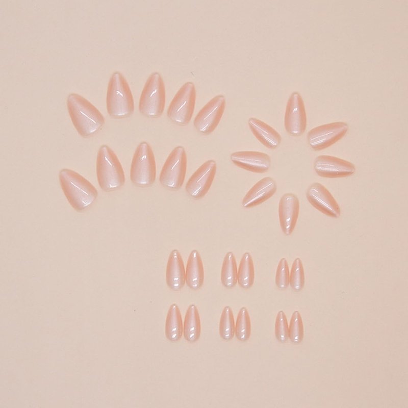 LRKNNO Almond Press on Nails Short Fake Nails Nude Glue on Nails with Designs Glossy Chrome False Nails French Almond Shaped Artificial Nails Reusable Stick on Nails for Women and Girls 24pcs
