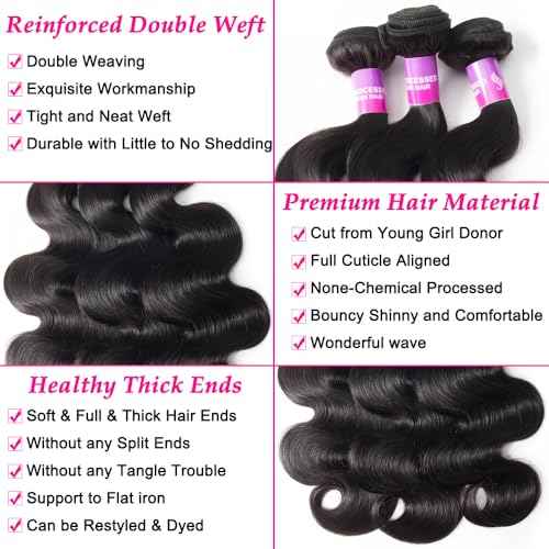 12A Human Hair Bundles 300g Body Wave Bundles Human Hair Extensions 22 24 24 Inch Brazilian Virgin Body Wave 3 Pieces Deals Unprocessed Brazilian Quick Weave Extensions Natural Black