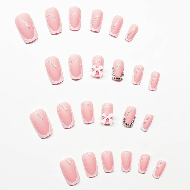 24Pcs White French Tip Press-On Nails - Medium Coffin Design with Bow Charms & Rhinestones | Pink Acrylic Full Cover
