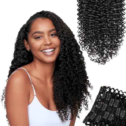 SIYUSI Kinky Curly Clip In Extensions, 3C 4A 100% Brazilian Remy Human Hair Clip Ins, Invisible & Scalp-Friendly, Natural Black Color, 3.52oz, 7Pcs (30 Inch)