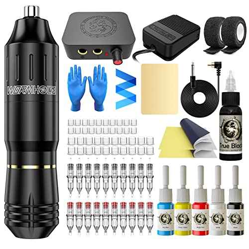 Tattoo Kit Wormhole Rotary Tattoo Practice Machine Kit for Beginners Tattoo Cartridge Needles Tattoo Machine Kit with Tattoo Inks Power Supply Tattoo Pen Kit WTK162