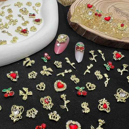 85 Pcs 3D Gold Nail Charms Y2K Bulk Nail Art Decor Set Nail Charms and Gems Including Heart Rhinestones for Nails, Cherries, Dollars, Roses, Crowns, and More for Nail Art Decoration Jewelry