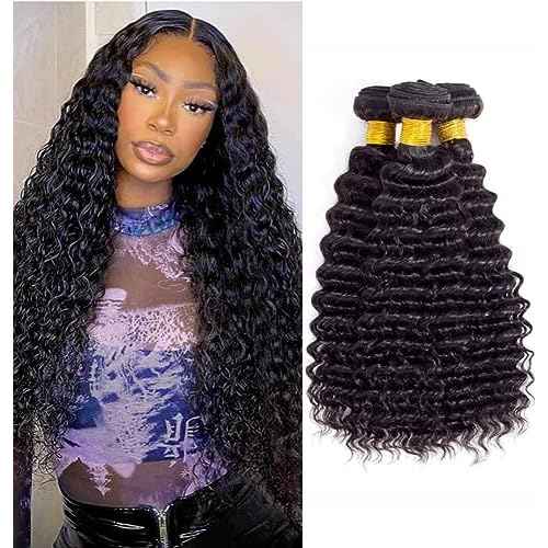 Deep Wave Human Hair Bundles 12A Brazilian Virgin Human Hair Bundles 20 22 24 Inch Wet and Wavy Curly Bundles Human Hair Extensions for Women Natural Color