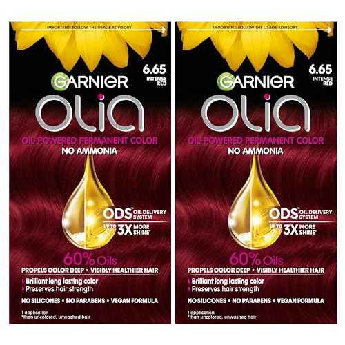 Garnier Olia Hair Color, Oil Powered Ammonia Free Permanent Hair Dye for Long-Lasting Color, 6.65 Intense Red, 2 Dye Kits
