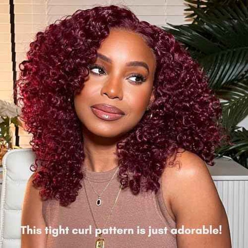 #99J Dark Burgundy Kinky Curly Human Hair Bundles with 2x6 Closure, 12A Remy Soft and Thick 3 Bundles with 2x6 HD Transparent Lace Closure Deep Part Colored Curly Wave Sew In 10 12 14+10 In