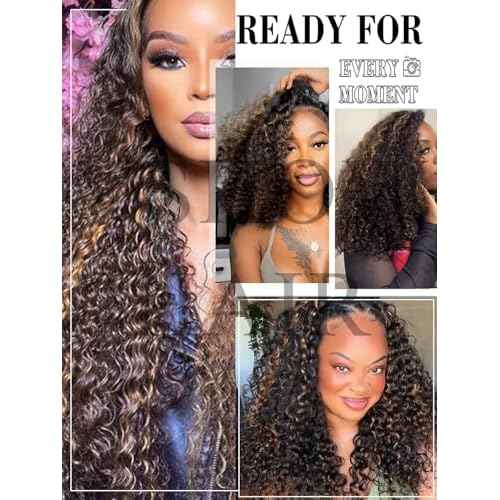 V SHOW Wear Go Glueless Half Wig Human Hair 1B/30 Highlight Water Wave 3 In 1 Curly Half Wigs 180% Density Drawstring Seamless Fit Strap Flip Over Headband Wig 16 Inch Beginner Friendly