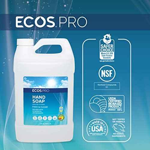 ECOS PRO Hand Soap Refill | Hypoallergenic | Unscented | Readily Biodegradable Formula | With Vitamin E & Antioxidants | Made In The USA | Free and Clear 1 GALLON/ 128 Fl Oz (Pack of 4)