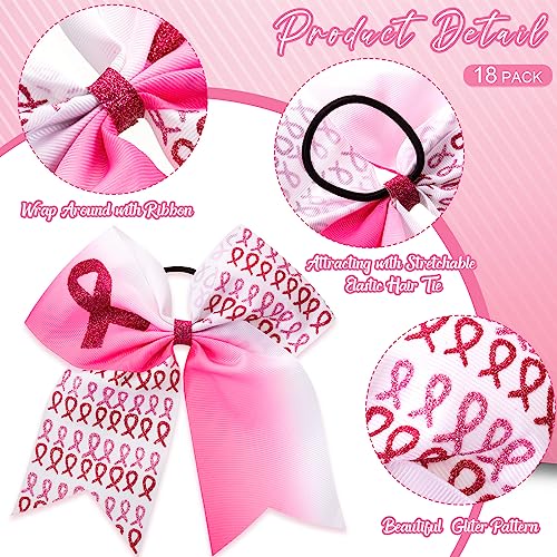 Retrowavy 18 Pcs 7 Inch Breast Cancer Awareness Cheer Bows Pink Ribbon Hair Bows Accessories Hair Tie Ponytail Holder Elastic Band for Teens Women Cheerleader Public Charity(Ribbon)