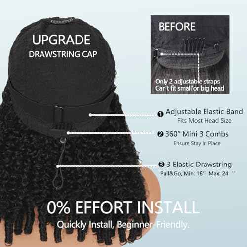 Burmese Curly V Part Wigs Human Hair 200% Density Upgrade U Part Human Hair Wigs with Drawstring and Spiral End Glueless Clip in Half Wigs for Black Women No Leave Out #1B Natural Black 20Inch