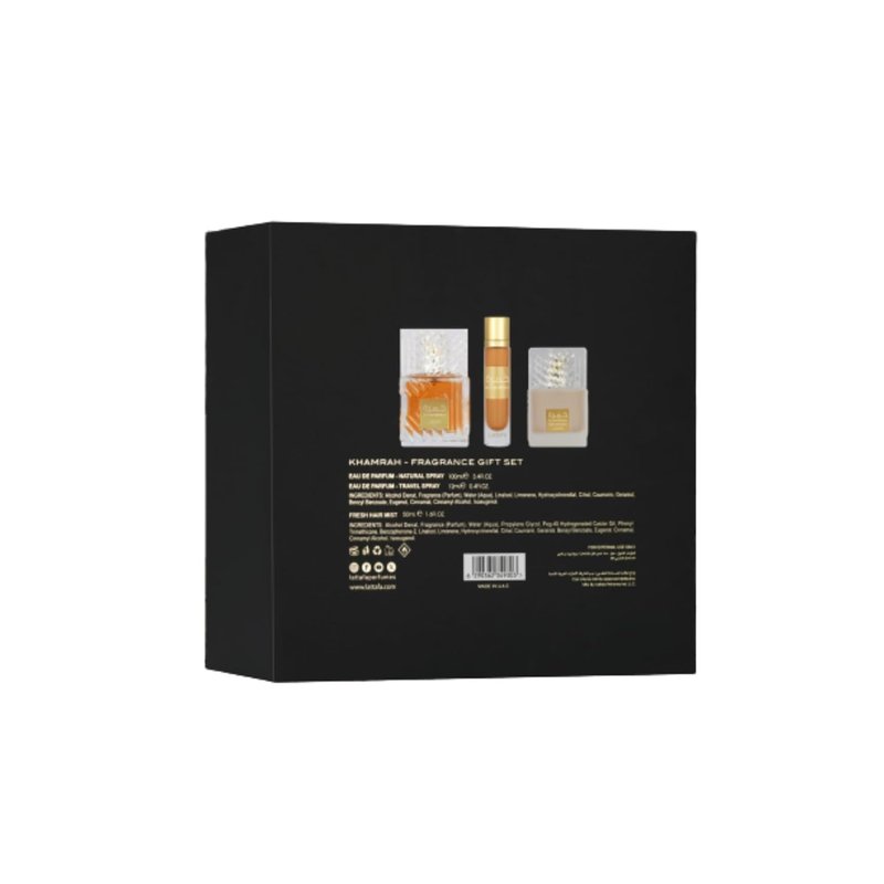 Lattafa Khamrah | Eau De Parfum Gift Set with 100ml Perfume, 12ml Travel Spray & 50ml Hair Mist