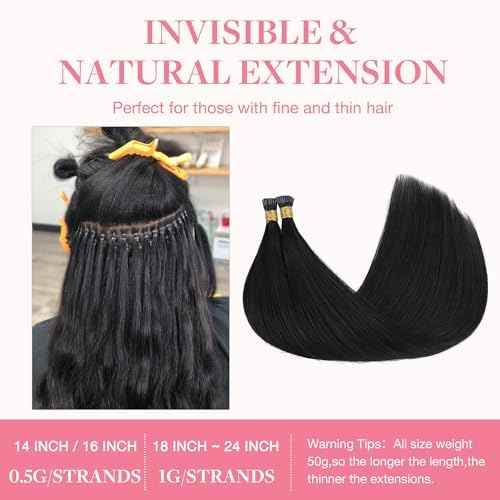 GOO GOO I Tip Hair Extensions Real Human Hair, 24inch 50g 50S, Cold Fusion I Tip Hair Extensions, Invisible Remy Hair, 1 Jet black