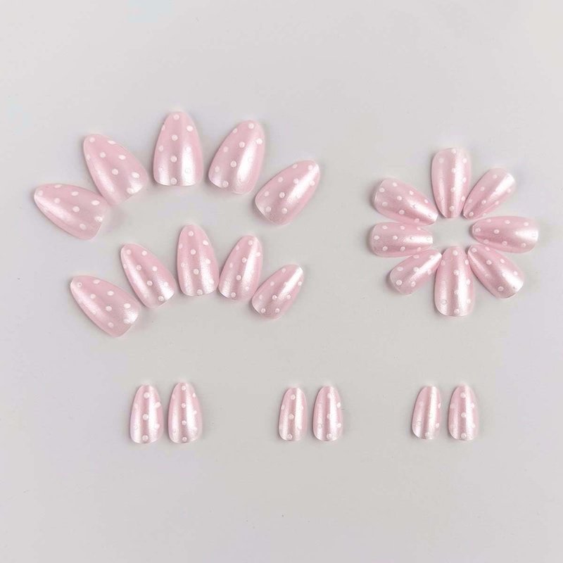 Polka Dot Press | Short Almond Press-On Nails in Soft Pink with White Dots | Glossy Finish | 24 Pcs