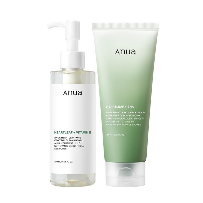 ANUA Double Cleansing Duo - Heartleaf Pore Control Oil & Quercetinol Foam | Korean Skincare for Makeup Removal & Blackhead Care