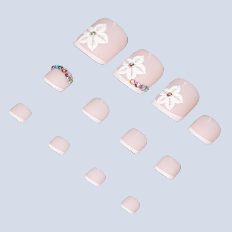 3D Floral Press-On Toenails - Short Square Fake Toe Nails with Rhinestones | White French Tip, 24pcs