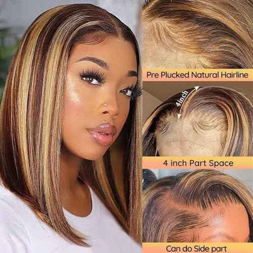 Highlight Lace Front Bob Wig Human Hair 16 Inch Ombre Honey Blonde 13x4 Hd Lace Front Wigs Human Hair Pre Plucked Middle Part 4/27 Colored Lace Frontal Wigs (Highlight 4/27, 16 Inch)